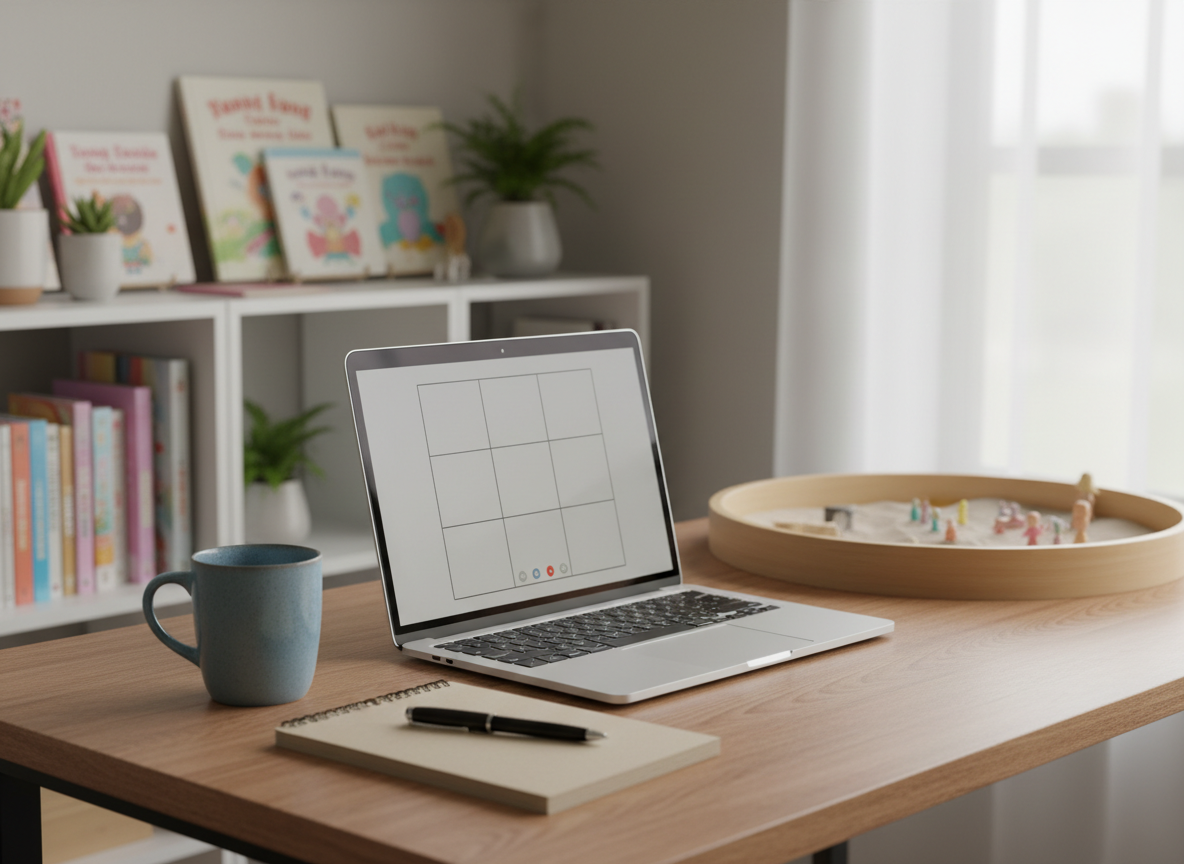 A tidy wooden desk set up for online child and family counseling sessions, with a slim silver laptop open to a blank video call interface, a soft blue ceramic mug beside it, and a notepad with a pen resting diagonally across the page. Behind the desk, a blurred background reveals neatly arranged shelves with children’s books, small plants, and a sand tray. Soft overcast daylight comes from a large window to the right, illuminating the workspace with a calm, diffused glow. Shot in photographic realism from a three-quarter angle, the composition emphasizes structure, reliability, and a welcoming therapeutic environment without showing any people.