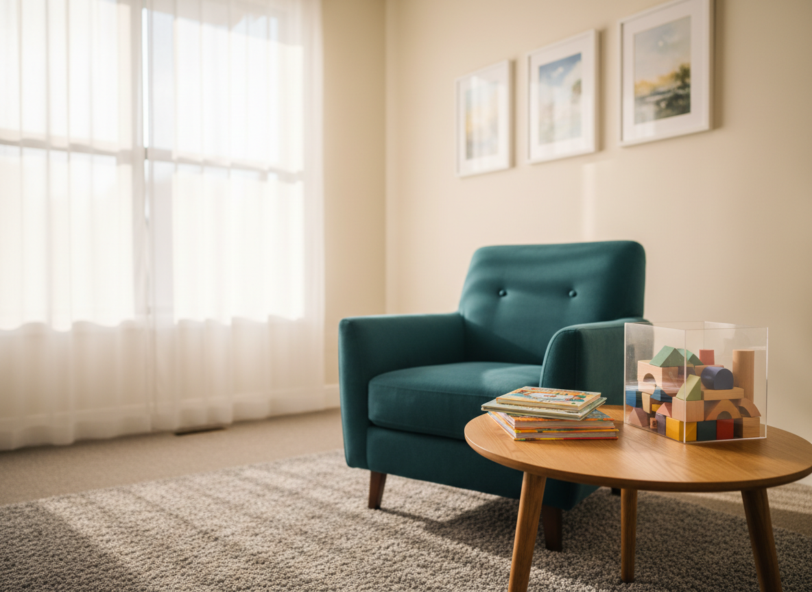 A cozy, professional counseling room without any people, featuring a plush teal armchair angled toward a small round oak table holding a box of colorful wooden blocks and a neatly stacked set of children’s picture books. A soft gray rug grounds the space against pale cream walls adorned with simple framed watercolor landscapes. Warm afternoon light filters through sheer white curtains on a large window, casting gentle, elongated shadows and a serene glow across the room. Photographed at eye level with a shallow depth of field, the armchair and play materials are in sharp focus while the background softly blurs, creating a calm, inviting atmosphere in clean, modern photographic realism.