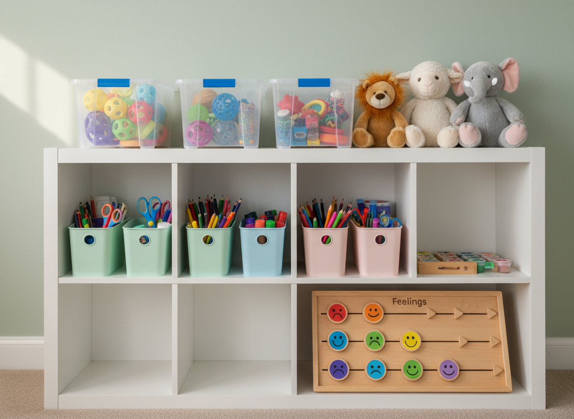 A low white bookshelf neatly filled with children’s therapy tools: clear bins of sensory toys, a set of soft plush animals, art supplies arranged in pastel caddies, and a wooden feelings chart with colorful, expressive faces. The shelf stands against a light sage-green wall that conveys calm and stability. Natural daylight streams in from an unseen window to the left, creating soft highlights on plastic and wood textures while keeping the overall lighting gentle and even. Photographed from a slightly elevated angle with balanced composition, the image feels organized, hopeful, and professional, embodying photographic realism suited for a child and family counseling portfolio.